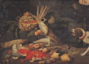 Nature Morte A La Coupe De Fraises; Citron, Melon, Petit Singe Et Chien Nature Morte A La Coupe De Fraises; Citron, Melon, Petit Singe Et Chien