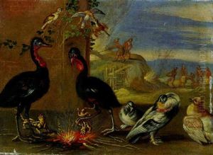Ostrich Grilling Salamanders Above A Fire And Pigeons By A Stone Wall by Jan van, the Younger Kessel
