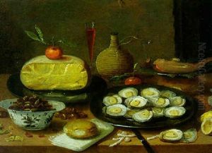A Still Life Of Oysters On A Pewter Plate, Cheese, Nuts, A Flask Of Wine And Other Objects On A Table