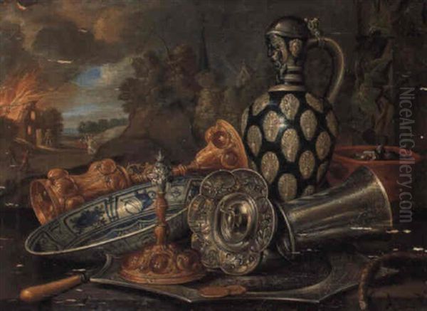 An Allegory Of Fire: A Jug And Other Objects Before A Burning House - view 1