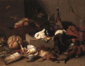Still Life Of Game, Poultry, Doves, A Cat And Fruit On A Stone Ledge