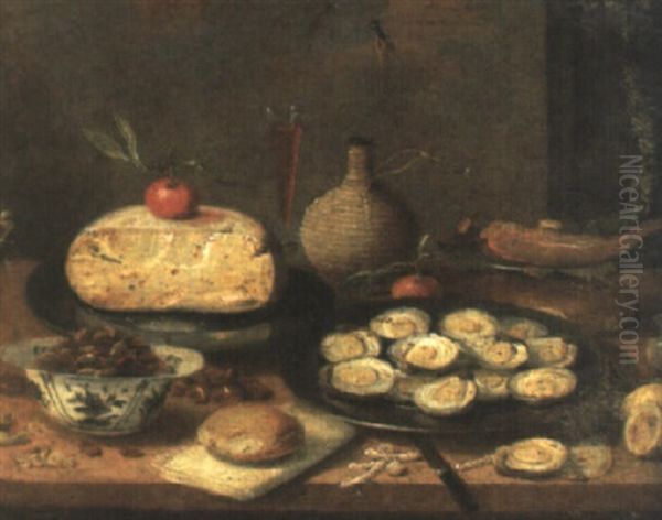 Still Life Of Nuts In A Bowl, Cheese, Oysters And A Flagon, All On A Table - view 1