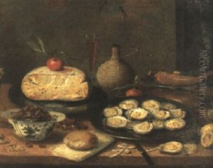 Still Life Of Nuts In A Bowl, Cheese, Oysters And A Flagon, All On A Table
