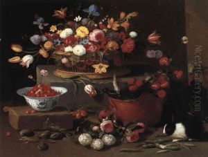Still Life With Flowers In A Basket, Bowls And A Rabbit