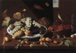 Still Life With Fruit, A Hamster And Birds On A Wooden Table