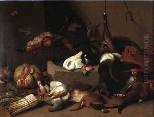 Still Life With Game, Poultry, Fruit, Cat And Dog On A Stone Ledge by Jan van, the Younger Kessel