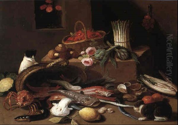 Still Life Of Fish, Vegetables, Strawberries And A Cat On A Ledge - view 1