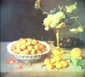 A Still Life Of Walnuts In A Bowl, Peaches And Grapes In A  Tazza And Blackberries Behind, All On A Ledge