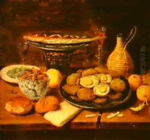 Still Lifes Of Oysters, Nuts, Bread And Fruit With A Wine   Flagon And Fish On A Brazier Arranged On A Stone Ledge...