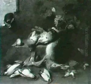 A Still Life Of Game, Fruit And Birds With A Cat