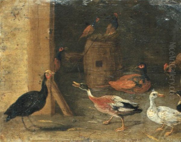 A Turkey, Ducks And Pheasants In A Barn - view 1