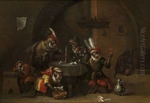 Reunion De Singes Dans Une Taverne by Ferdinand van Kessel