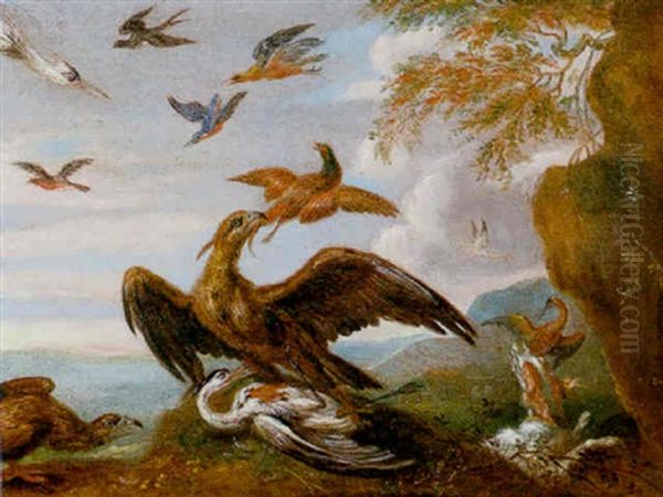 Eagles Attacking A Heron And Other Birds In A Landscape - view 1