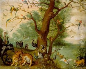 Animals And Birds In The Garden Of Eden, The Temptation Beyond by Ferdinand van Kessel