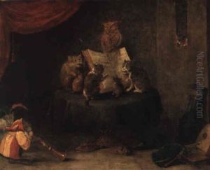 Cats, Monkeys And An Owl Making Music In An Interior by Ferdinand van Kessel