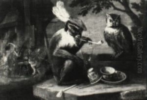 Monkey Smoking And Drinking With An Owl Monkey Smoking And Drinking With An Owl