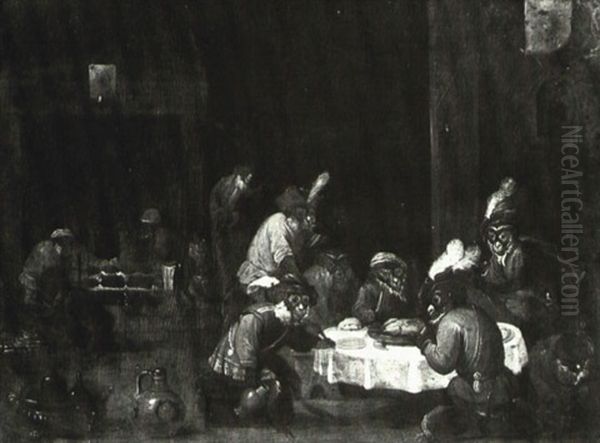Monkeys Feasting In An Interior - view 1