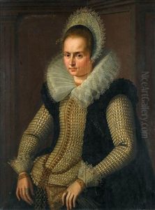 Portrait Of A Lady, Half Length, Wearing A Black And Gold Dress With A Broad White Lace Collar by Hieronymus Van Kessel