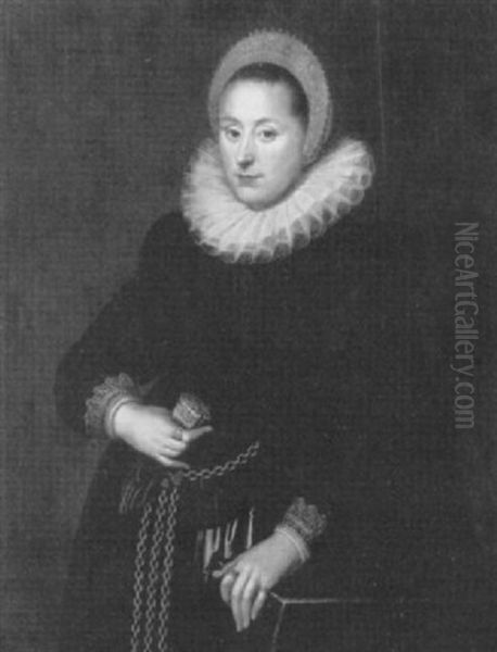 Portrait Of A Lady Aged 28, Standing Three-quarter Length Wearing A Black Costume With Gold Belt And White Ruff - view 1