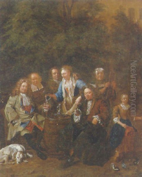 Elegant Figures Carousing In An Ornamental Garden - view 1