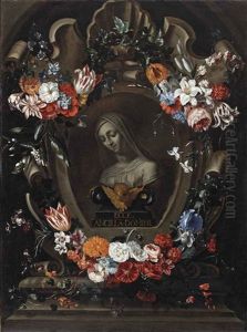 A Garland Of Flowers Surrounding A Stone Cartouche Enclosing A Bust Of The Virgin by Peter Van Kessel