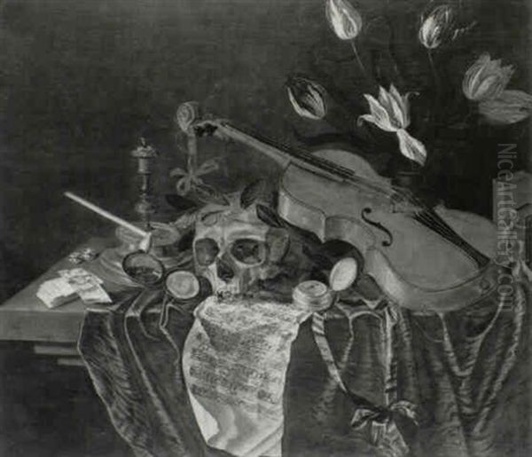 Still Life With A Violin, Skull, Variegated Tulips, Sheet Music, A Watch, Snuffed Candle, A Pipe, Deck Of Cards... - view 1