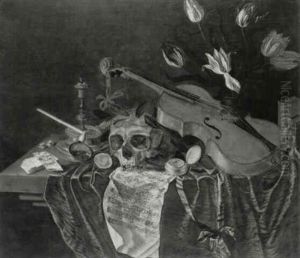 Still Life With A Violin, Skull, Variegated Tulips, Sheet Music, A Watch, Snuffed Candle, A Pipe, Deck Of Cards... by Peter Van Kessel