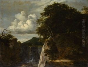 Rocky Landscape With A River Gorge And Waterfall by Jan van Kessel