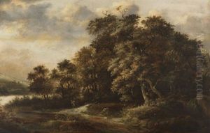 Waldlandschaft Mit Wandersmann, Im Hintergrund Ein Dorf Mit Windmuhle