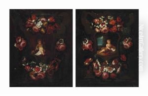 The Christ Child Surrounded By A Sculpted Cartouche Decorated With Flowers; And The Infant John The Baptist Surrounded By A Floral Cartouche (pair)