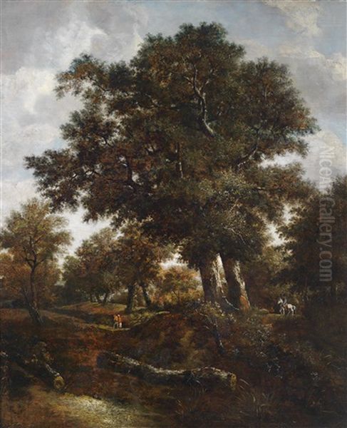 Bewaldete Landschaft Mit Wanderern Und Einem Reiter - view 1