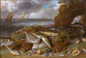 Poissons Sur Le Rivage Et Arriere Plan Marin by Jan van Kessel