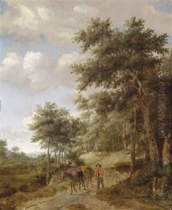 Ein Bauer Mit Mauleseln Auf Einem Waldweg