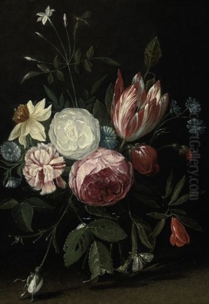 Roses, A Parrot Tulip, Carnations And Other Blooms In A Glass Vase With Dragonflies - view 1