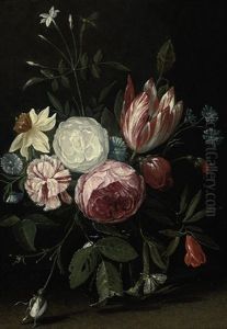 Roses, A Parrot Tulip, Carnations And Other Blooms In A Glass Vase With Dragonflies by Jan van Kessel