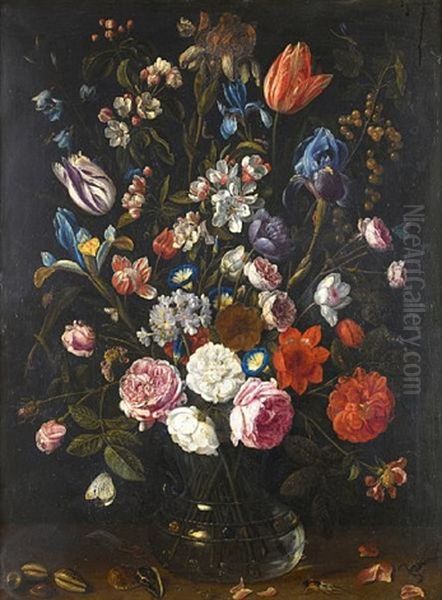 A Still Life Of Tulips, Irises, Apple Blossom, Roses, Convolvulus, Gooseberries And Other Flowers In A Glass Vase - view 1