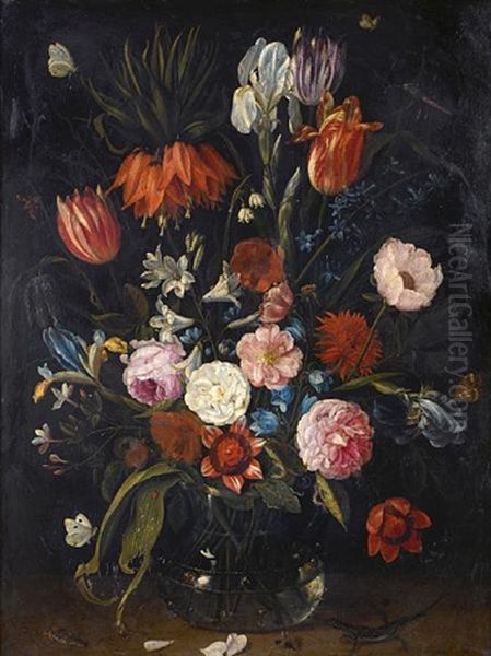 A Still Life Of Tulips, A Crown Imperial, Snowdrops, Lilies, Irises, Roses And Other Flowers In A Glass Vase - view 1