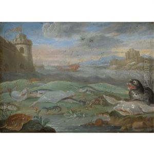 A Coastal Landscape With A Still Life With A Seal And A Lizard Together With A Squid And Various Other Fish, An Ottoman Fort And A Levantine Galley Beyond