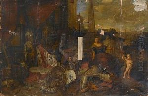 A Palace Interior With Flags, Shields, Drums And Other Militaria