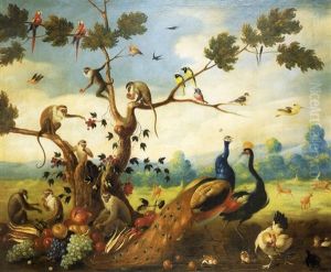 Paons Et Singes Dans Un Paysage
