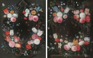 A Garland Of Parrot Tulips, Narcissi, Iris, Roses And Other Flowers Surrounding A Sculpted Stone Cartouche (+ Another, Similar; Pair)