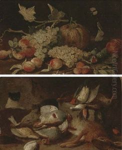 Grapes, Peaches, Figs, Apricots And A Pumpkin On A Wooden Ledge, With A Cabbage White Butterfly (+ Dead Game In A Barn With A Cat; Pair) by Jan van Kessel