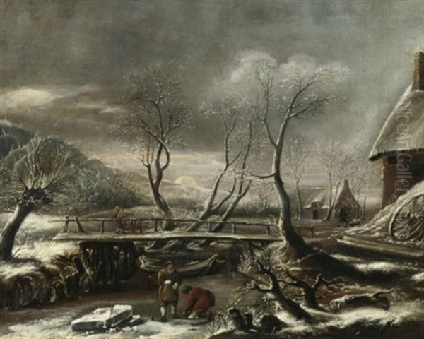 Winterliche Fluslandschaft Bei Sonnenuntergang. Vor Einer Holzbrucke Eisschollen Brechende Bauersleute - view 1
