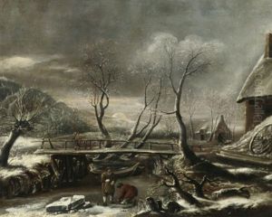 Winterliche Fluslandschaft Bei Sonnenuntergang. Vor Einer Holzbrucke Eisschollen Brechende Bauersleute