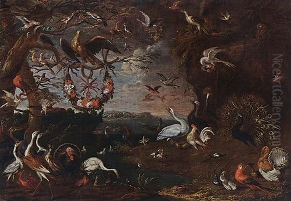 An Allegory Of The Order Of The Knights Of Malta With An Eagle, Herons, Turkeys, A Cockatoo, A Spoonbill, A Jay, Pheasants, Hoopoes, Pigeons, Ducks, A Lapwing, Owls, And Other Birds All In A Landscape - view 1