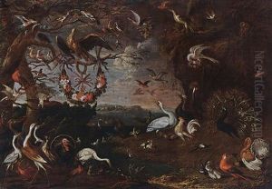 An Allegory Of The Order Of The Knights Of Malta With An Eagle, Herons, Turkeys, A Cockatoo, A Spoonbill, A Jay, Pheasants, Hoopoes, Pigeons, Ducks, A Lapwing, Owls, And Other Birds All In A Landscape by Jan van Kessel
