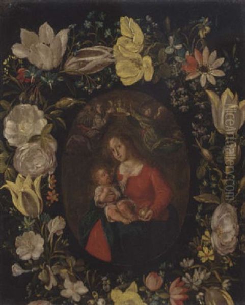 The Virgin And Child Set In A Feigned Cartouche Of Tulips, Roses And Other Flowers - view 1