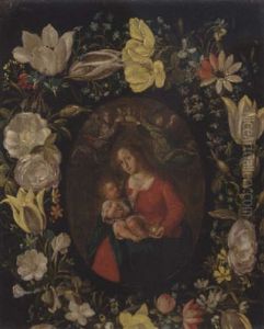 The Virgin And Child Set In A Feigned Cartouche Of Tulips, Roses And Other Flowers