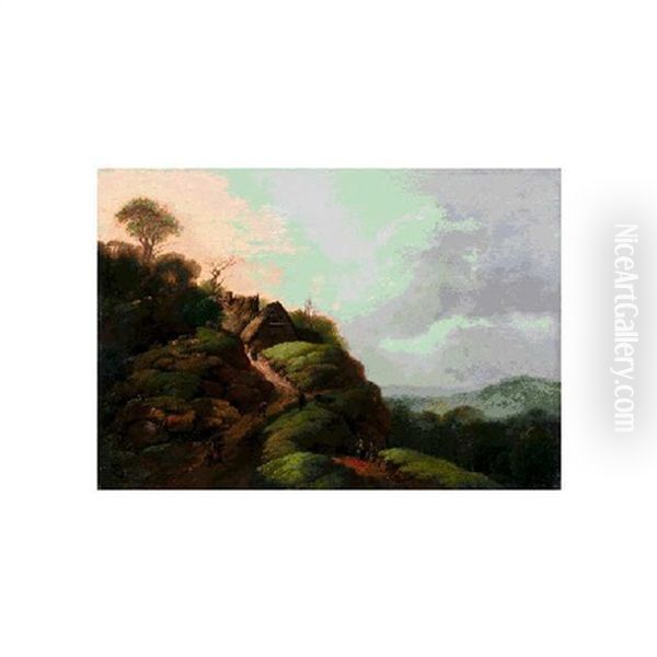 Weite Landschaft Mit Figuren, Schafen Und Gehoft Auf Einer Anhohe - view 1