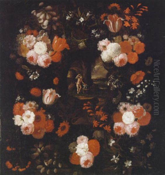 Cupid Forging Shackles In A Feigned Cartouche, Surrounded By A Garland Of Flowers - view 1